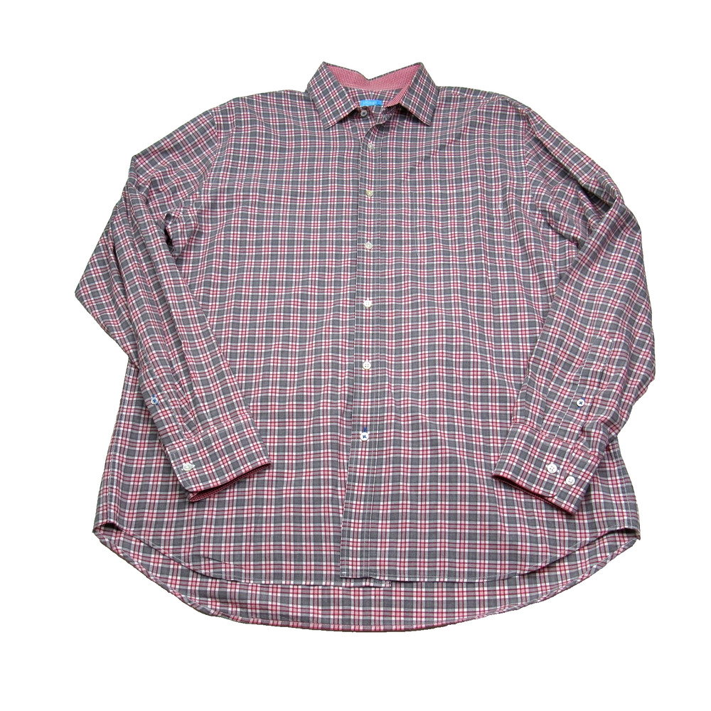 J McLaughlin Mens Checkered Shirt Large Button Front Red Grey Long Sleeve